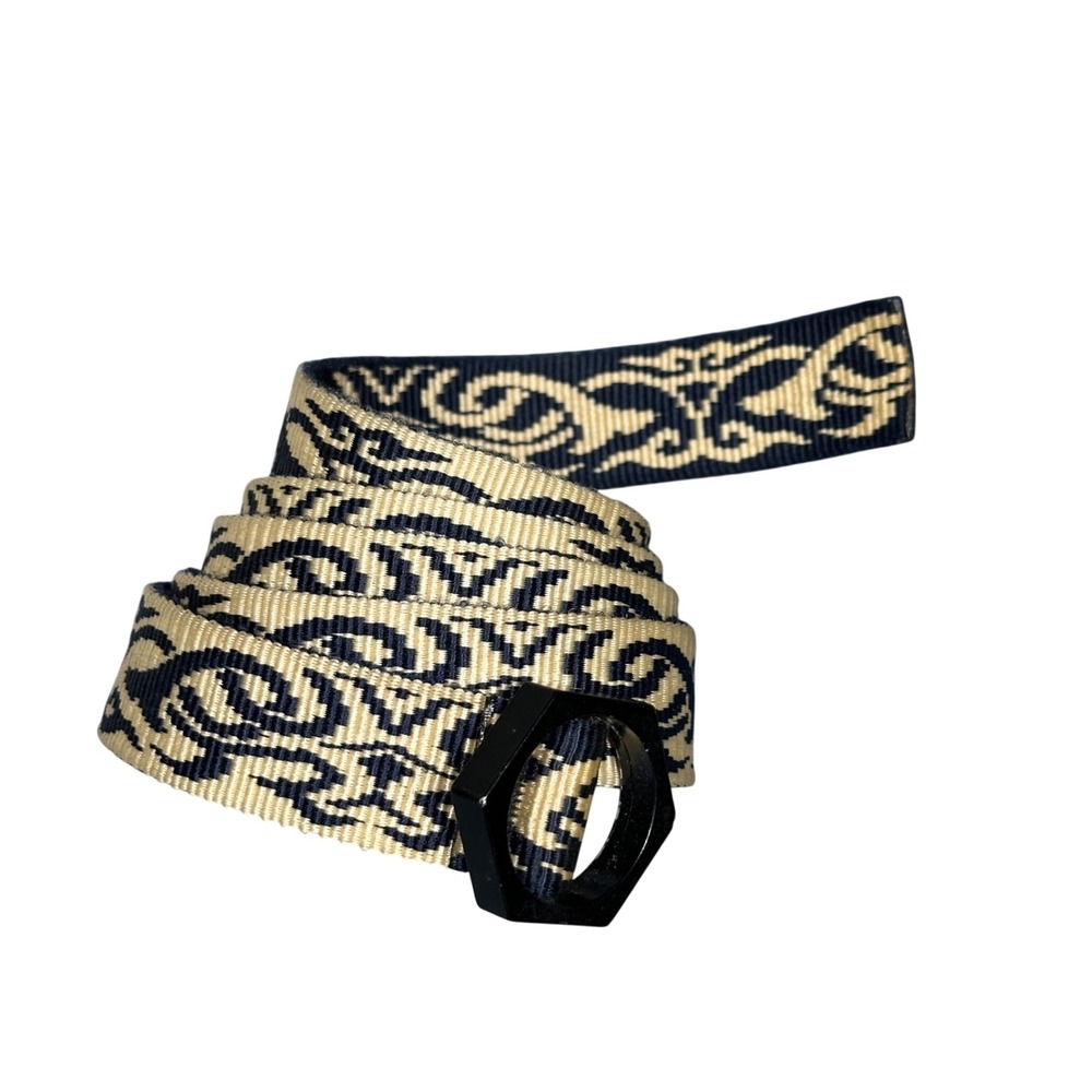 Y2K Black Tan Woven Tribal Geometric Web Belt Hexagon Buckle Streetwear Utility
